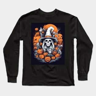 scary dead witch with pumpkins, halloween design 3 Long Sleeve T-Shirt